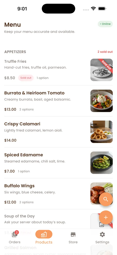Treat.Me merchant app — menu with live sold-out states