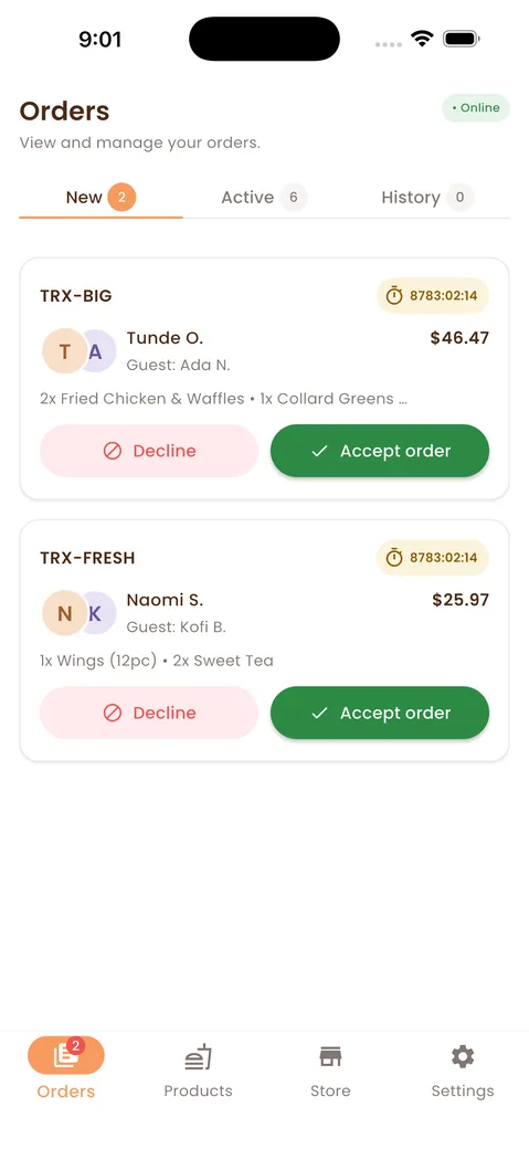Treat.Me merchant app — new orders ready to accept or decline