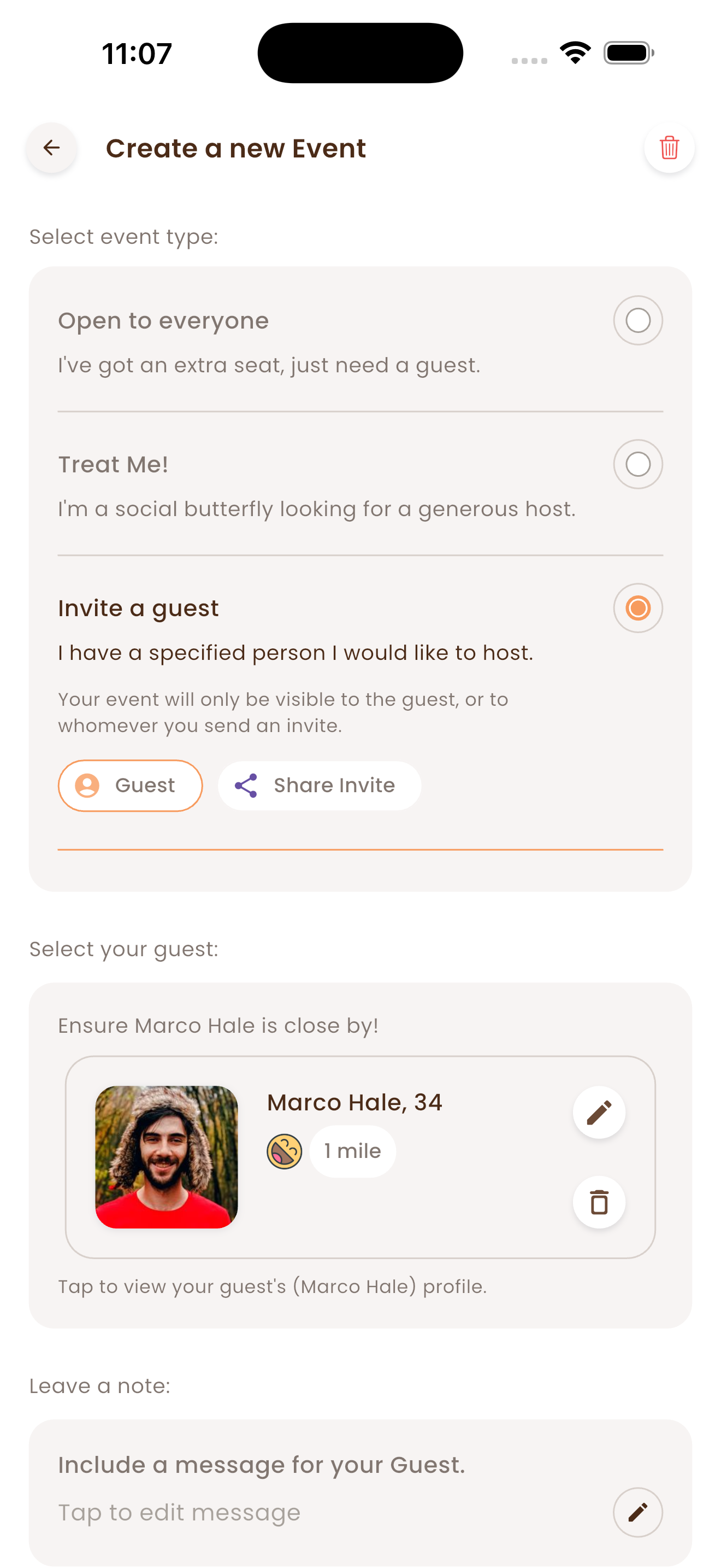 Treat.Me invite screen showing a new dining event