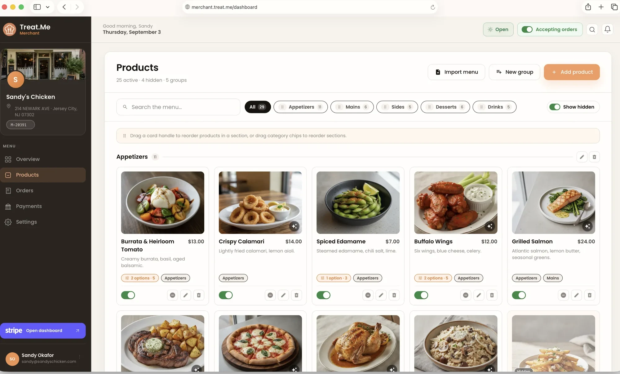 Treat.Me merchant dashboard — live menu with product groups, availability toggles, and order tools