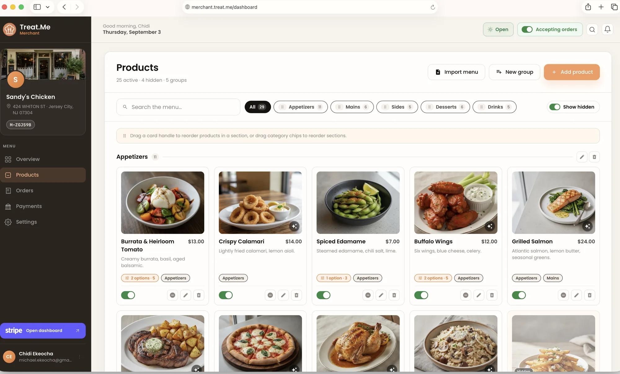 Treat.Me merchant dashboard — live menu with product groups, availability toggles, and order tools