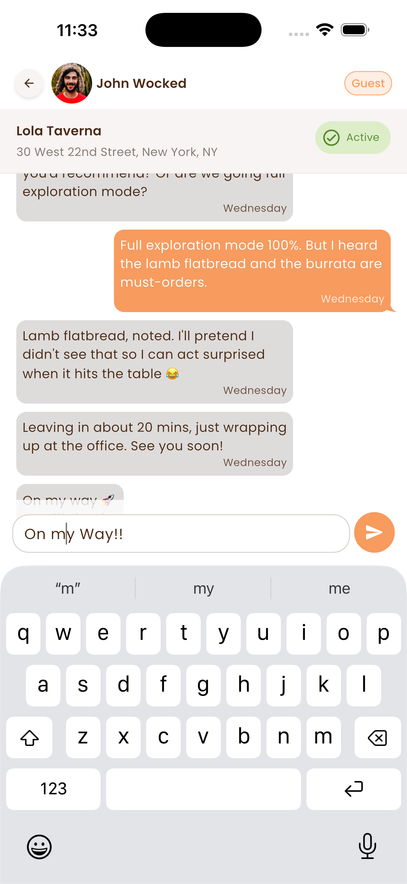 Treat.Me match screen showing chat coordination before a meal